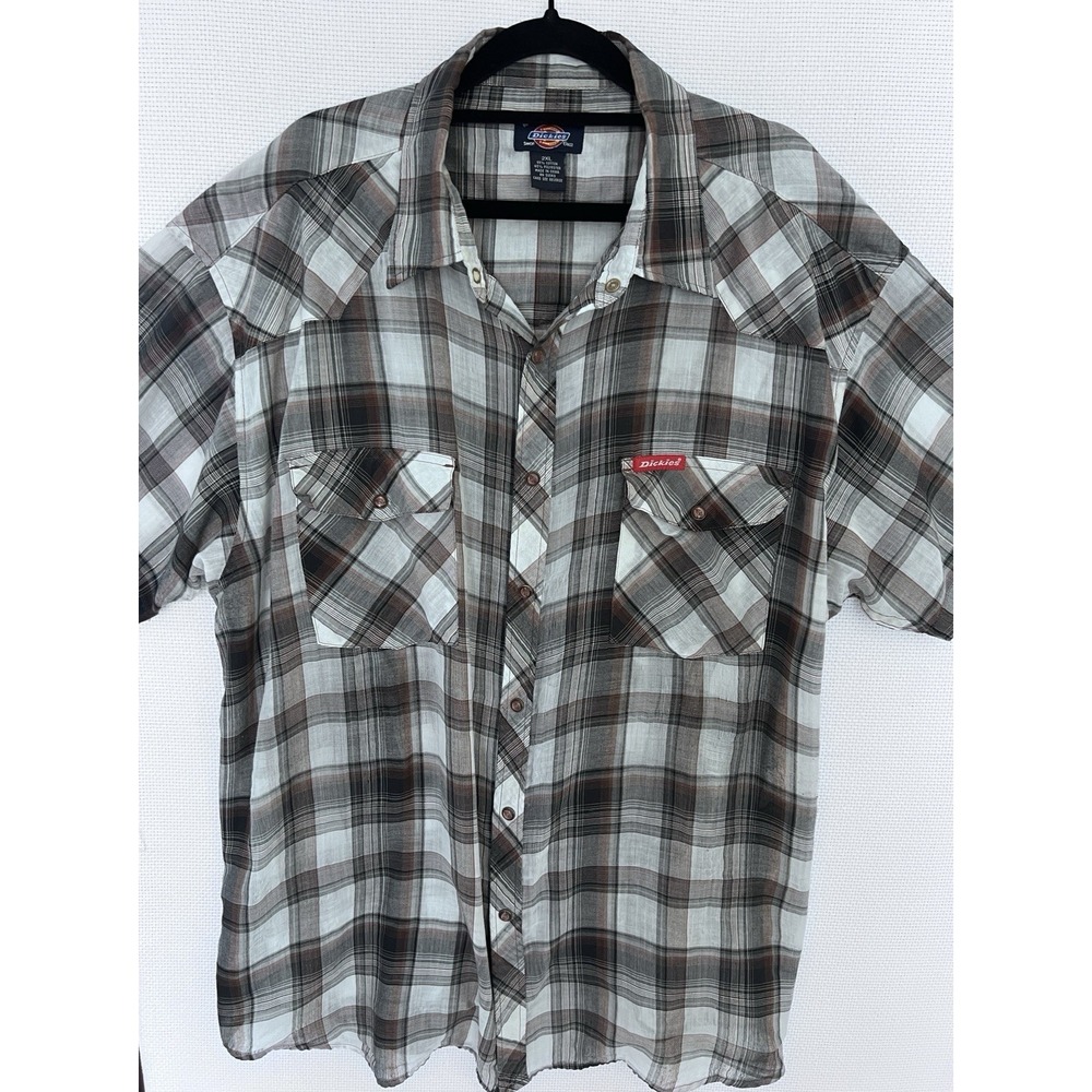 Vintage 70s Dickies Western Shirt Men's 2XL Plaid Pearl Snap Short Sleeve READ